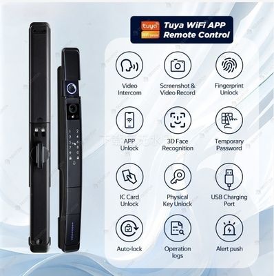 Schwarzes Smart Door Lock mit Kamera und Fingerabdruck 3D Gesichtserkennung TUYA Wasserdichtes Schloss